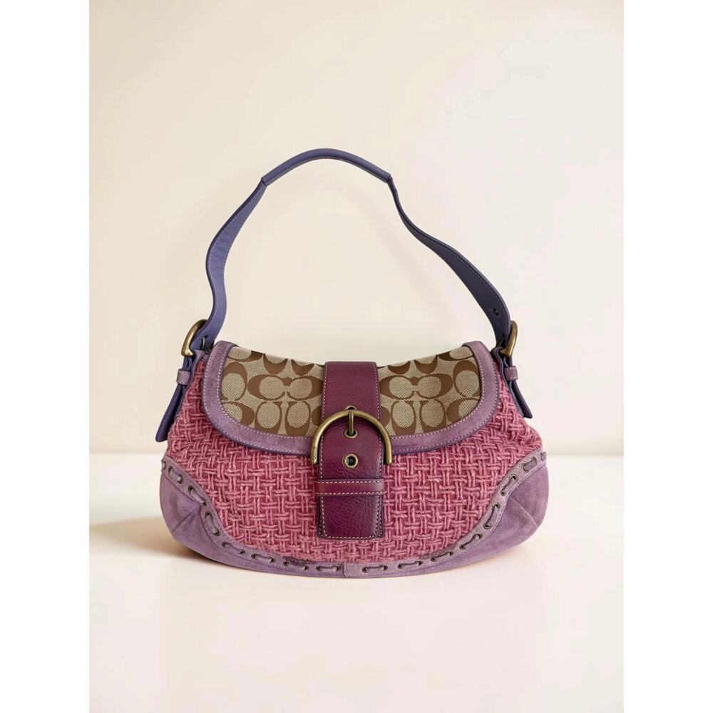 Vintage Coach Pink Tweed Lavender Suede Y2K Soho Flap Bag - Picture 15 of 15